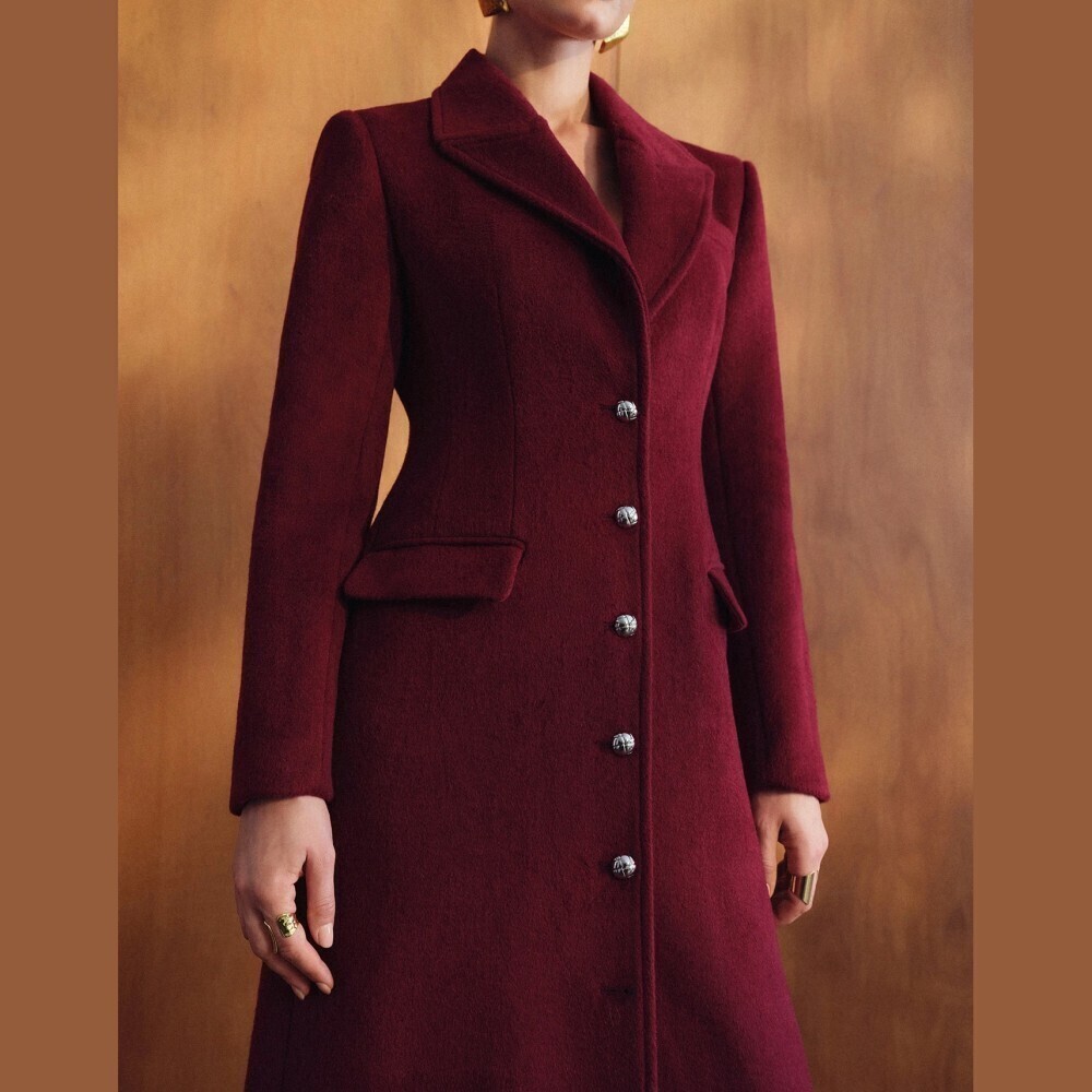 Burgundy Button Front Notch Lapel Long Overcoat - Picture 2 of 6